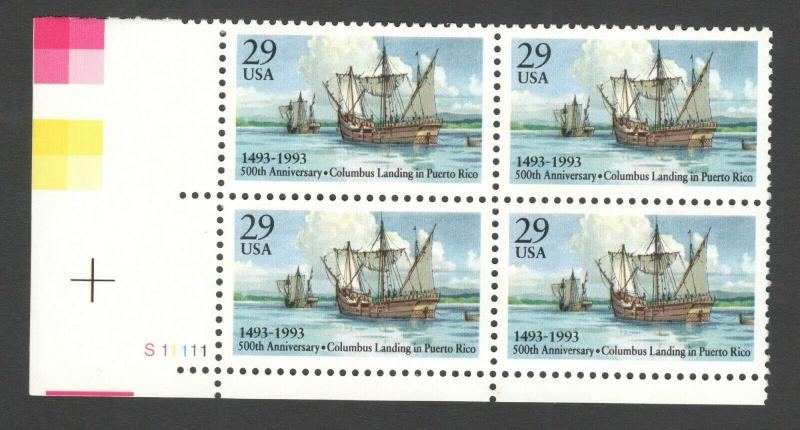 2805 Columbus Landing In Puerto Rico Plate Block Mint/nh FREE SHIPPING