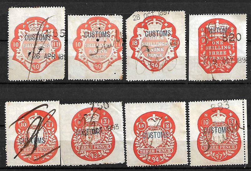 GB UK REVENUE CUSTOMS TAX 8 STAMPS. . 1890-1897, ALL DIFFERENT, USED
