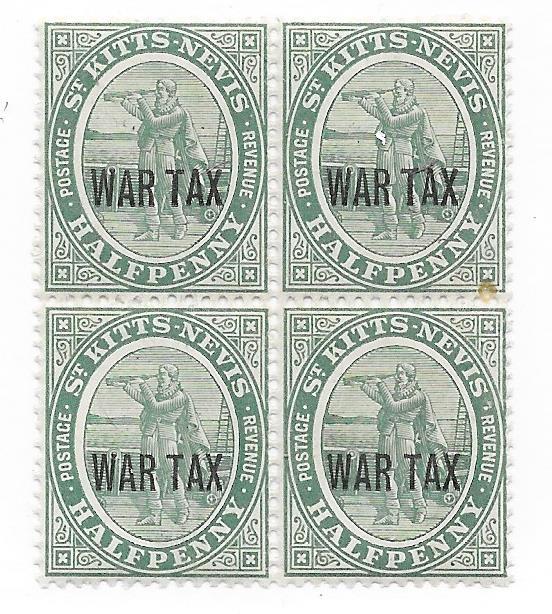 St Kitts - Nevis #MR1 1/2p War Tax  block of 4 (MH) CV$6.00