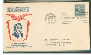 US 820 1938 15c James Buchanan (presidential/prexy series) solo on an addressed (typed) first day cover with a Fidelity cachet.