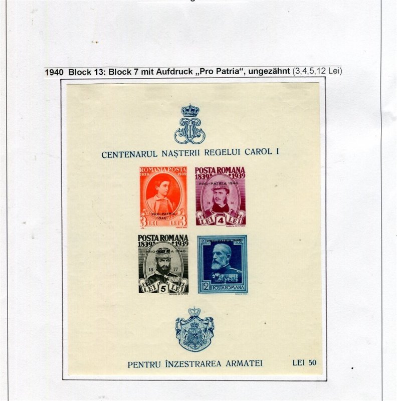 ROMANIA; 1940 Pro-Patria Portraits OPTD. issue fine Mint hinged Imperf SHEET