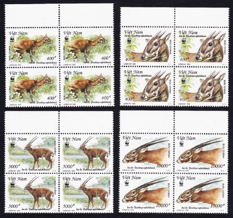 Vietnam WWF Sao La 4v Blocks of 4 Margins 2000 MNH SC#2966-2969