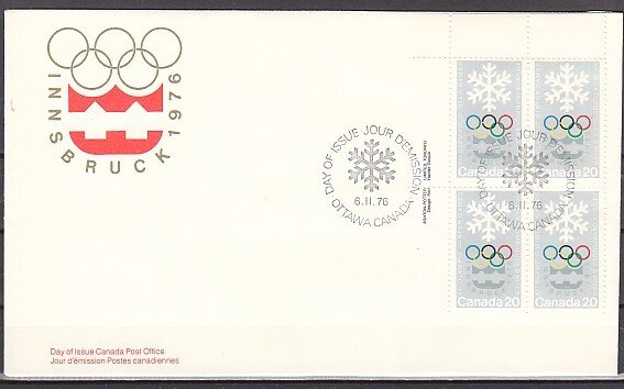 Canada, Scott cat. 689. Innsbruck Olympics, Blk of 4. First day cover. ^