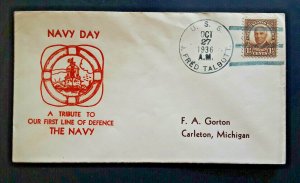 1936 Carleton MI USS J Fred Talbott Navy Day Tribute Embossed Naval Cover