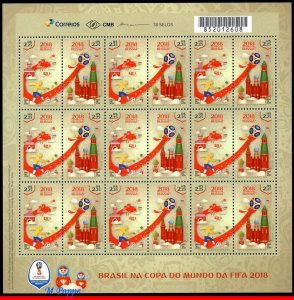 3378 BRAZIL 2018 WORLD CUP RUSSIA, SOCCER FOOTBALL, FIFA, RHM C-3755, SHEET MNH