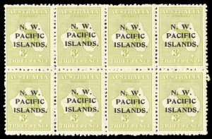 New Guinea 1918 KGV Roo 3d greenish-olive Die I block of 8 MNH / MLH. SG 109.