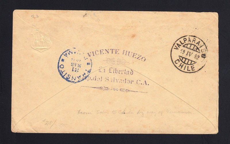 SALVADOR: 1892 10c Stationary Envelope USED to CHILE