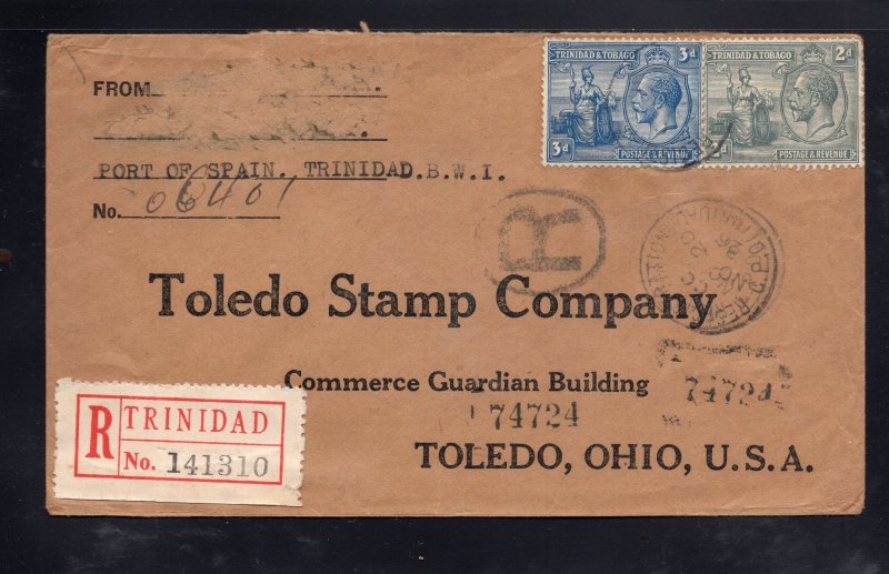 Trinidad 1926 Registered to Toledo franked 2p & 3p Britannia, Scott 24-25