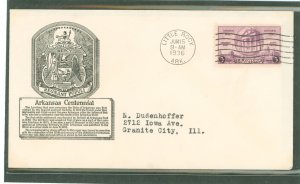 US 782 1936 3c Arkansas Centennial (single) on an addressed first day cover with an Anderson cachet.