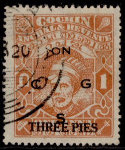 INDIAN STATES - Cochin GVI SG O76, 3p on 1a, FINE USED. Cat £13.