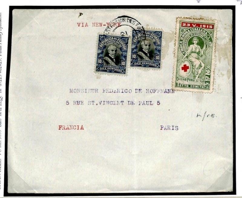 ECUADOR WW1 Cover ITALIAN RED CROSS France 1916 Transatlantic{samwells}F261