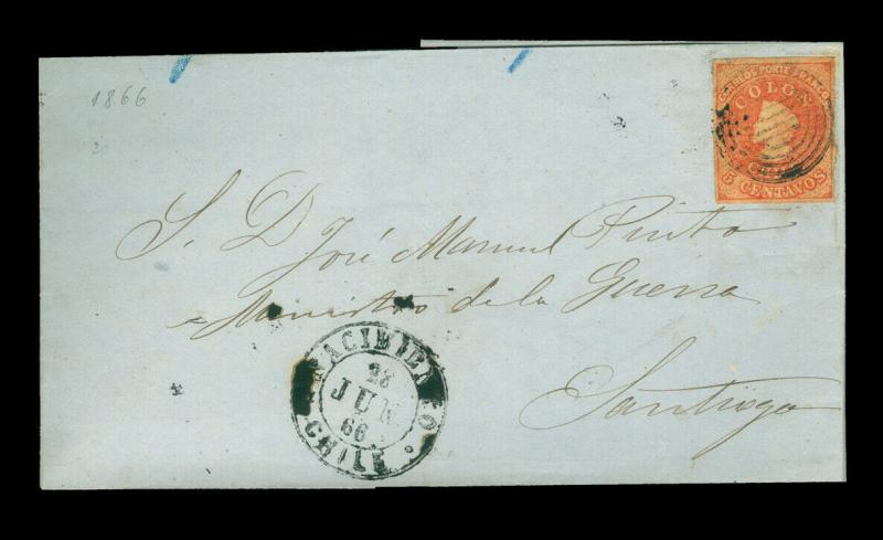 CHILE 1866 COLUMBUS  5c carmine red Sc# 9a on cover from NACIMIENTO 28.JUN.66