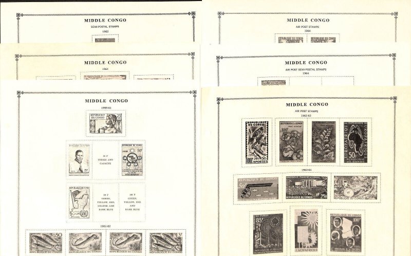 Middle Congo Stamp Collection on 17 Scott International Pages 1907-65(2 Ea) (BE)