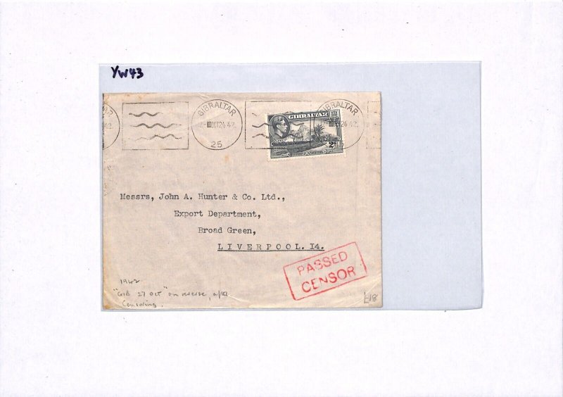 GIBRALTAR WW2 KGVI Cover MAGENTA *PASSED CENSOR* 1942 Liverpool {samwells}YW43