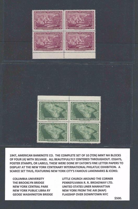 1947 Set Of 10 Mint Blocks Of 4 Of New York Landmarks Cinderellas See Story