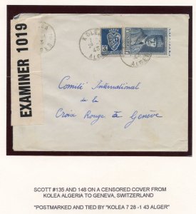 ALGERIA 1943 COVER KOLEA TO GENEVA SWITZERLAND FRANKED SCOTT #135 & 148 CENSORED