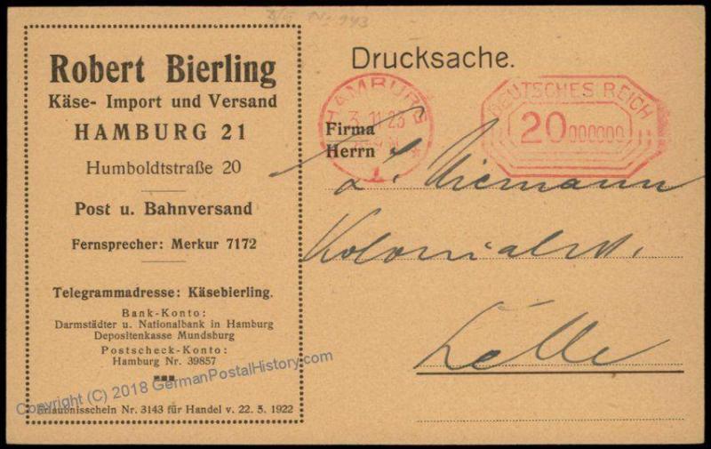 Germany 1923 20 Million RM Nov 3 High Value Hamburg Inflation Meter Cover 67201