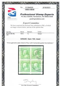 MOstamps - US #383 Used Block of 4 Grade GEM 100 with PSE Cert - Lot # MO-2970