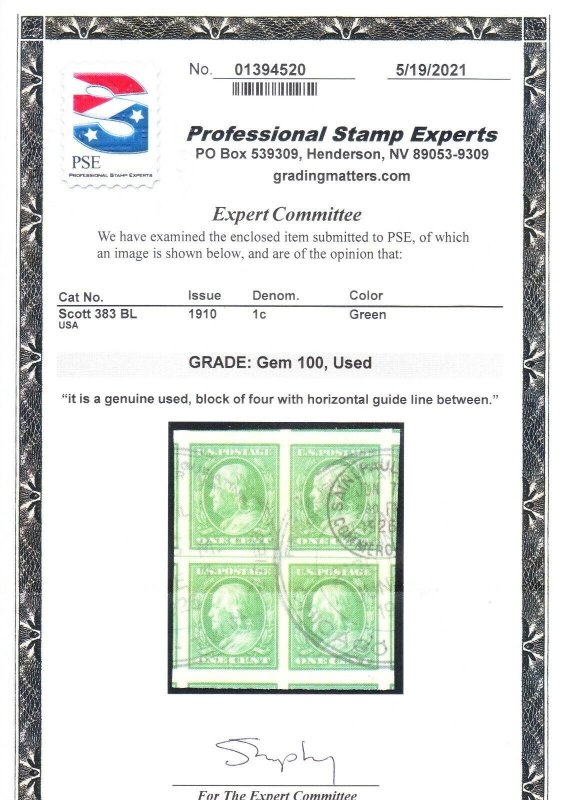 MOstamps - US #383 Used Block of 4 Grade GEM 100 with PSE Cert - Lot # MO-2970