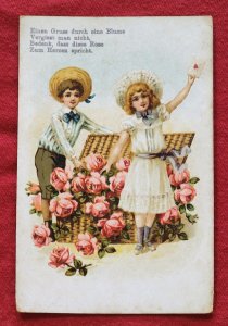 German Deutsches Reich color art boy and girl  Postcard greetings w a rose