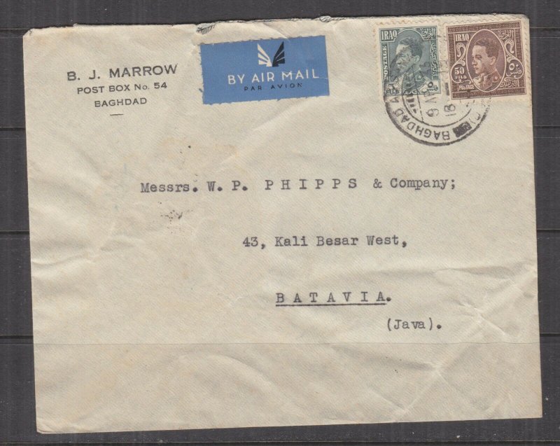 IRAQ, 1936 Airmail cover, Baghdad to Neth. East Indies, 5f., & 50f.