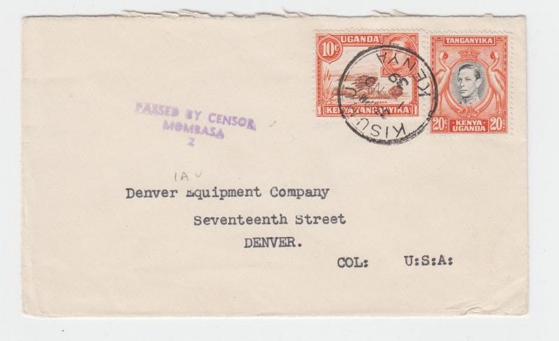 KUT (KISUMU)-USA 1939 CENSOR (#2) COVER 30c RATE(SEE BELOW)