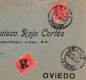 SPAIN Cover Registered *R* CANCEL 25c+25c Pravia 1927 Oviedo {samwells}YG178