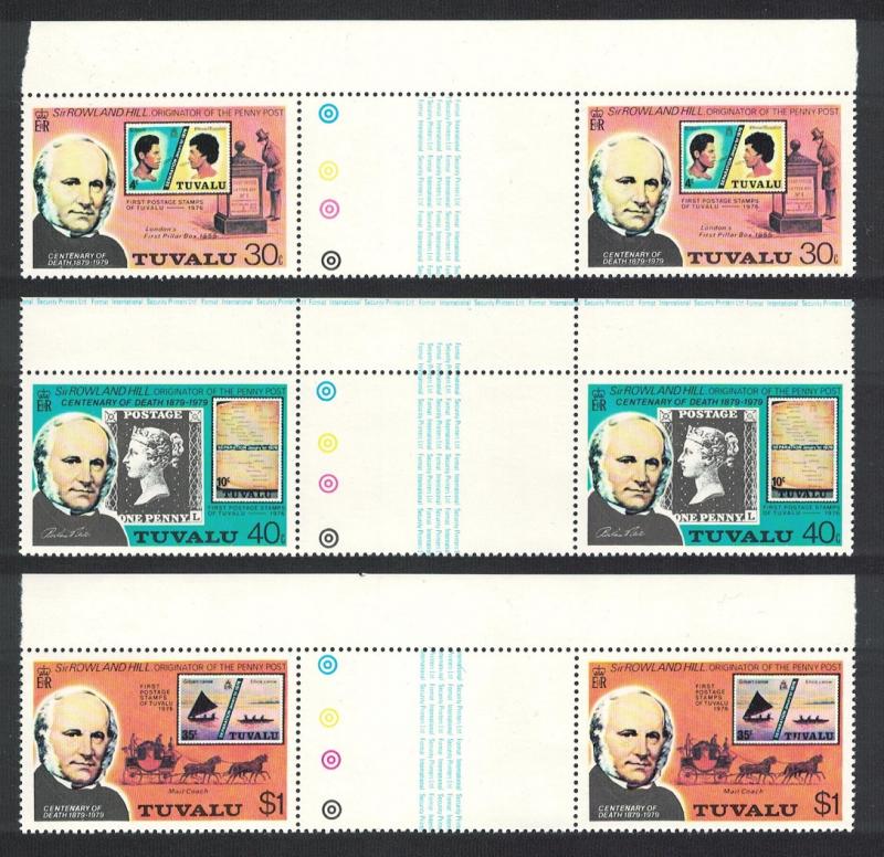 Tuvalu Death Centenary of Sir Rowland Hill 3v Horizontal Gutter Pairs 1979