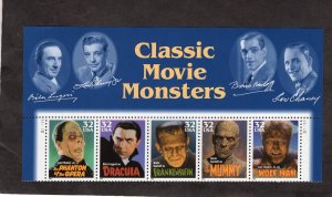 3168-3172 Classic Movie Monsters, MNH strip/5 w/TOP banner & plate #