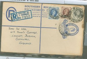 Southern Rhodesia  1954 QE II 4c reg env. toning at right edge