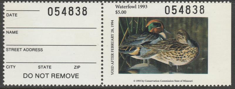 U.S.-MISSOURI 15, STATE DUCK HUNTING PERMIT STAMP WITH TAB. MINT, NH. VF