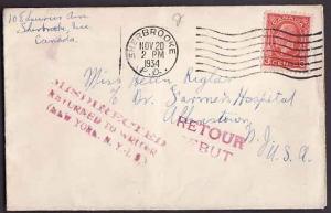 Canada #9554 - 3c KGV medallion to USA - Sherbrooke,PQ-Nov 20 1934-H/S Retour