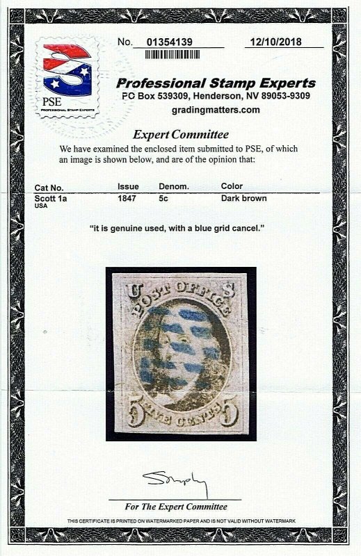 SC#1a  USED 5C FRANKLIN 1847, 4 MARGINS  RARE GRID OF BLUE DASHES 2018 PSE CE...