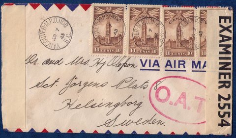 CANADA Sc 257 Postal Cover Vancouver, BC To Sweden Vert.Strip Of Four 1943