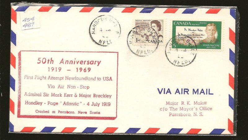 Canada 454 & 487 on 1969 Newfoundland-USA 50th Anniversary First Flight Cover