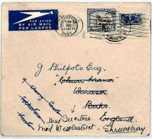 S.Africa 1946 Air Mail Cover Forwarded FOLKESTONE *Mid-West HQ* {samwells}CS220