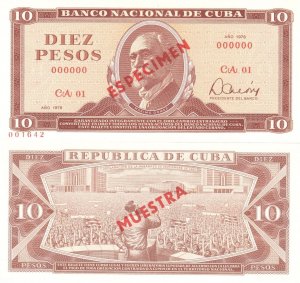 1978  Cuba Specimen 10 Pesos Maximo Gomez Crispy UNC