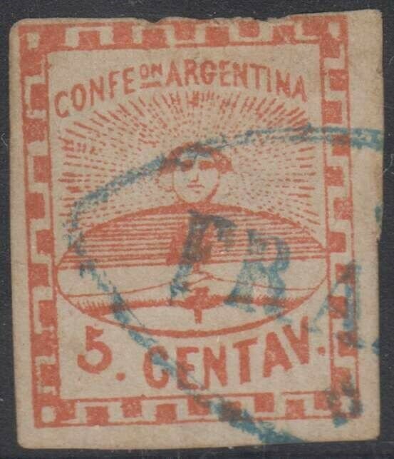 ARGENTINA 1858 CONFEDERATION Sc 1 USED BY CHOICE BLUE FRANCA OF PARANA CANCEL 