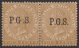 MALAYA - Perak 1889 'P.G.S.' on QV 4c pair, variety wide space. Certificate.