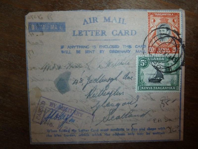 British KUT A/M letter card KGVI 2 stamp, military censor, to Scotland(42bea)