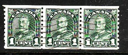 Canada-Sc#179-used 1c deep green KGV coil-strip of 3-id#234-1931-