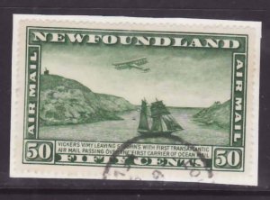 Newfoundland-Sc#C10- id21-used 10c Airmail on piece-Planes-Ships-1931-perf