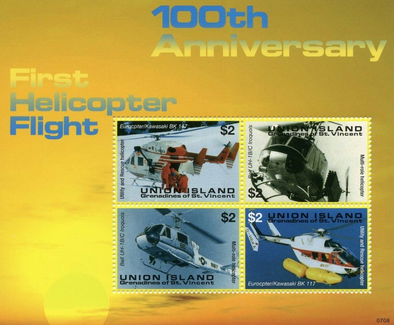 Union Island Gren St Vincent Aviation Stamps 2007 MNH Helicopters Flight 4v M/S 