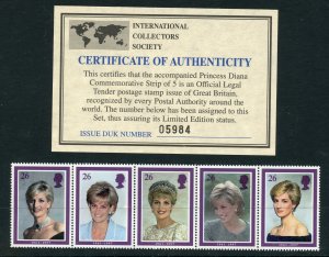 Great Britain Scott 1795a MNHOG Strip of 5 -1998 Princess Diana Issue - CV $3.00