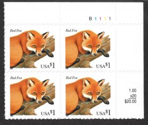 3036a MNH $1 Red Fox, UR Plate Block,  Free Insured Shipping,