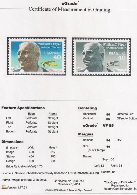 C132 40 cent William T. Piper Stamp M OG NH EGRADED VF-XF 85