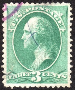 1881, US 3c, Washington, Used, Well centered, Faulty, Sc 207