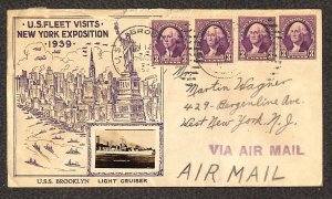 USA 720 STAMPS USS BROOKLYN SHIP NEW YORK EXPOSITION CROSBY AIRMAIL COVER 1939