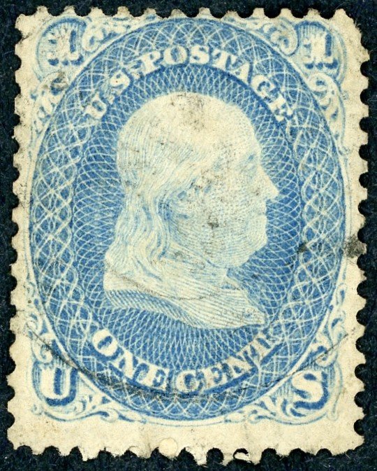 #63 – 1861 1¢ Benjamin Franklin, blue. Used.