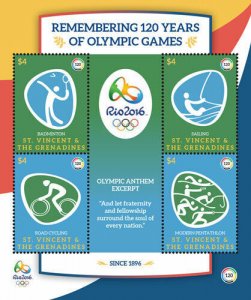 St. Vincent 2016 - Remembering Rio Olympic Games - Sheet of 4 Stamps - MNH